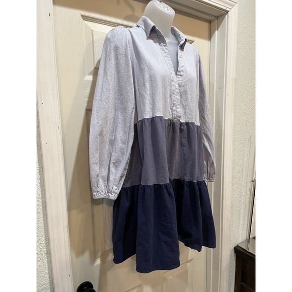 Simply Southern tiered swing dress color blocked long slv collar blues sz L - Picture 4 of 5